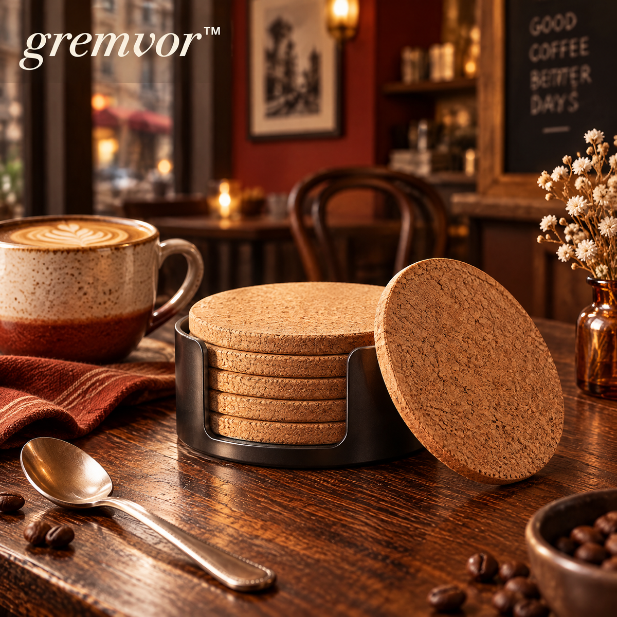 𝒈𝒓𝒆𝒎𝒗𝒐𝒓™ Round Cork Coffee Coaster Set